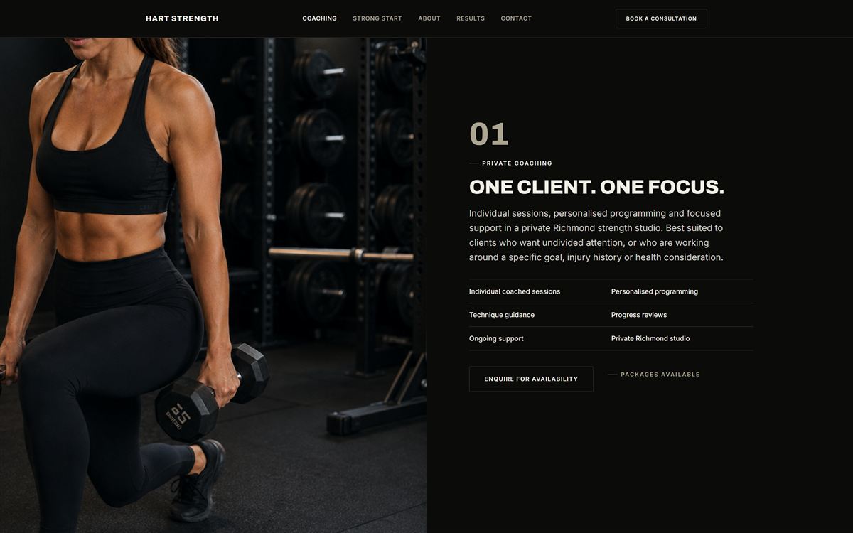 The Hart Strength private coaching section, headed 'One client. One focus.', beside a training photograph.