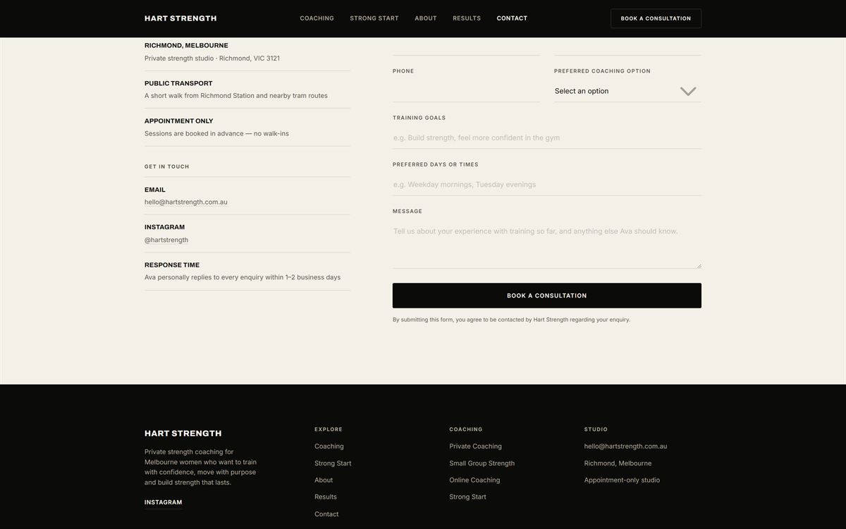 The Hart Strength contact page, headed 'Let's talk about your training.'