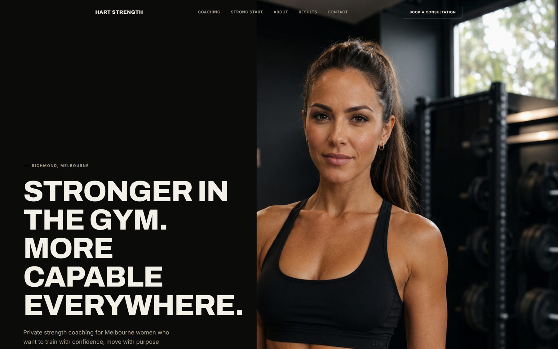 Hart Strength homepage: a split hero reading 'Stronger in the gym. More capable everywhere.' beside a photograph of the coach.