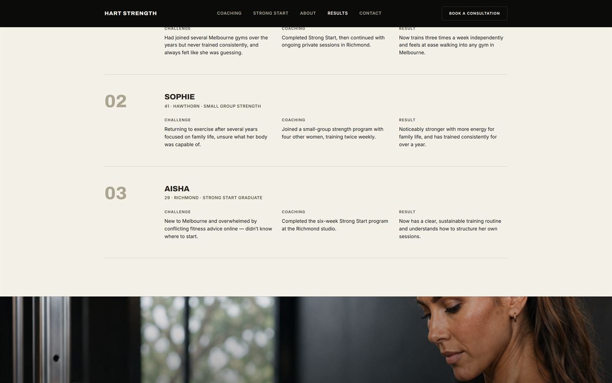 Hart Strength results page listing client stories in three columns: challenge, coaching and result.
