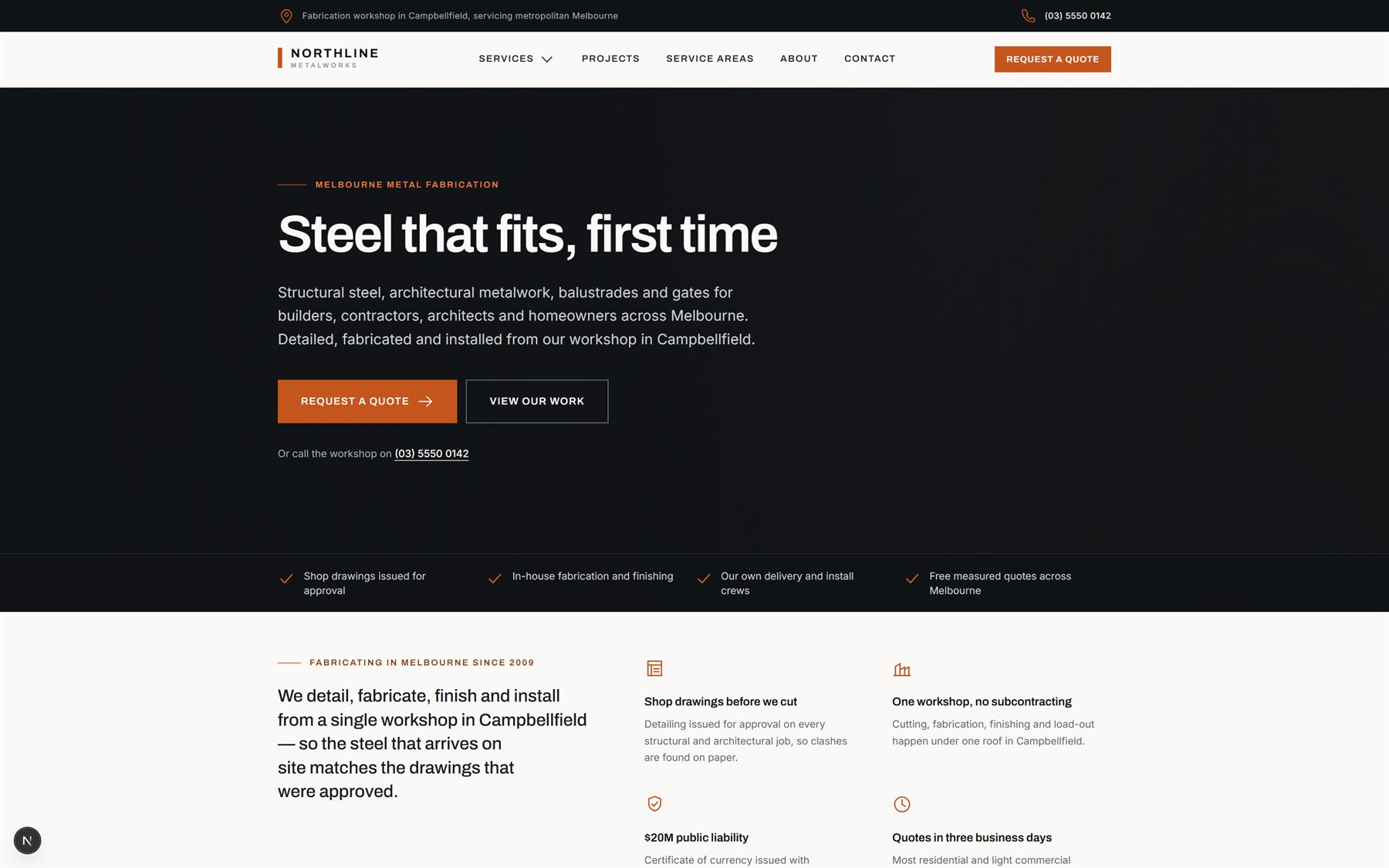 Northline Metalworks homepage: a dark hero reading 'Steel that fits, first time' with a Request a Quote button.