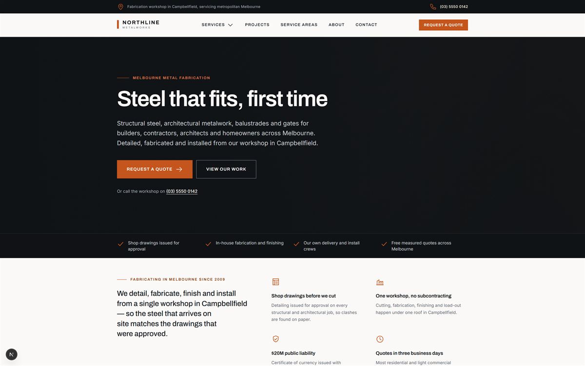 Northline Metalworks homepage hero on a dark background with two calls to action.