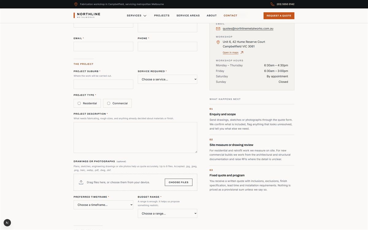 Northline quote form with fields for suburb, service, project type, description, file upload, timeframe and budget.