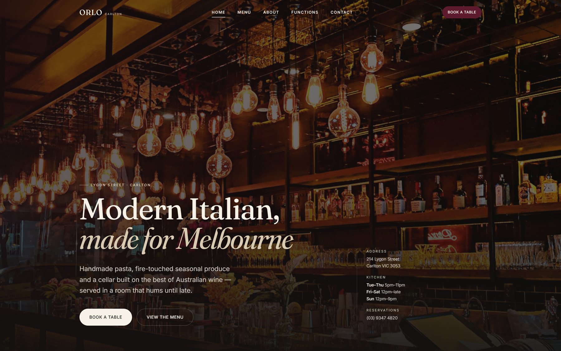 Orlo homepage: a warm, low-lit bar photograph behind the headline 'Modern Italian, made for Melbourne'.
