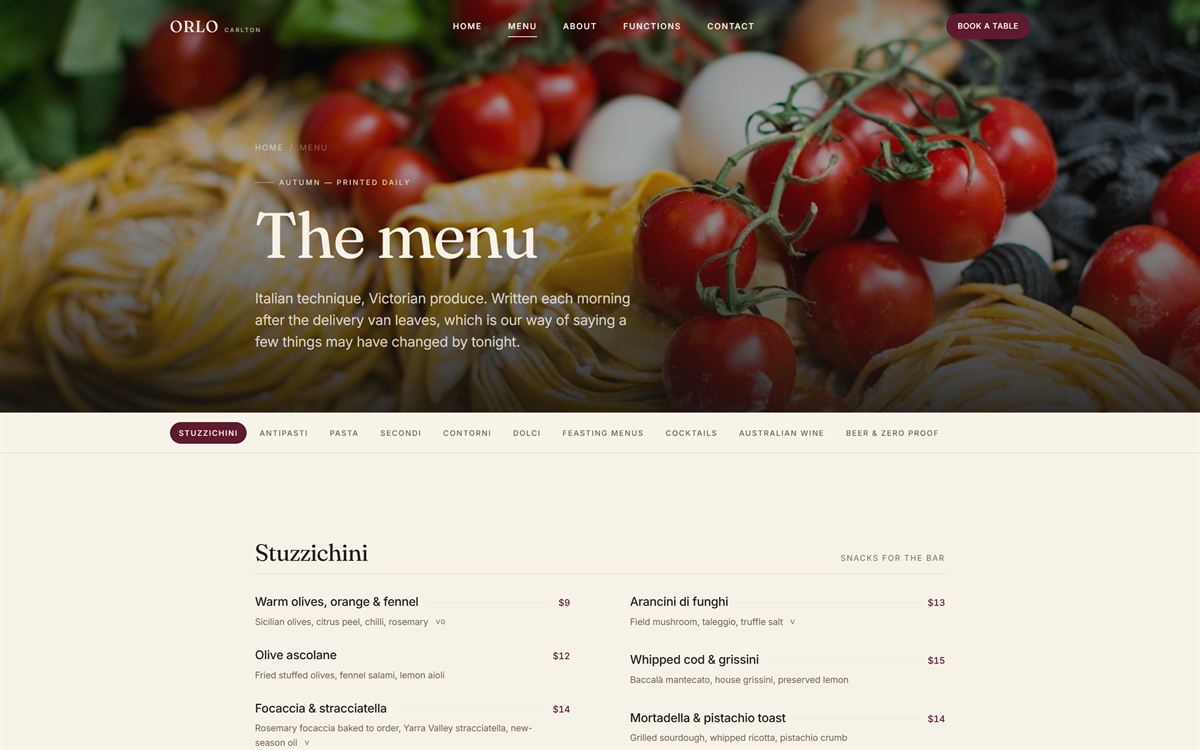 The Orlo menu page with a section navigation bar and the Stuzzichini list with prices.