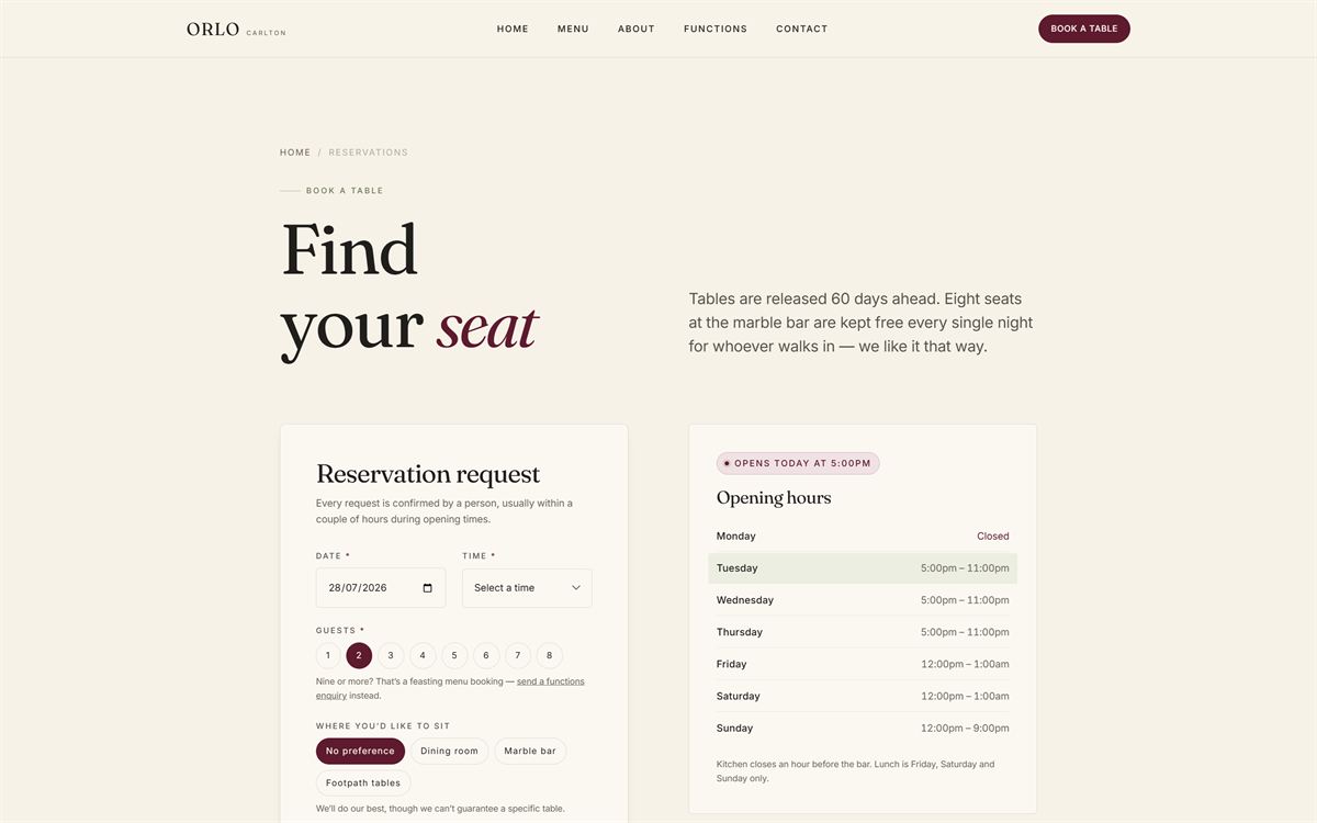 The Orlo reservations page with a booking request form beside an opening-hours table.